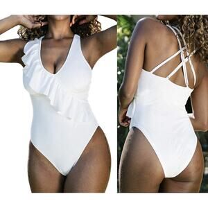 White Ruffle One Piece Double Crisscross Strappy Swimsuit